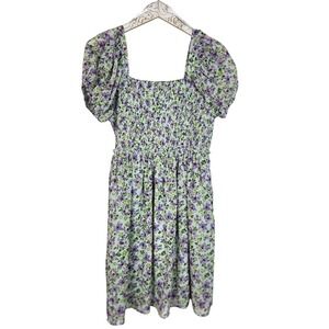 ARULA Dress‎ Womens X 10-12 Green Floral Smocked Puff Sleeve Square Neck Pockets
